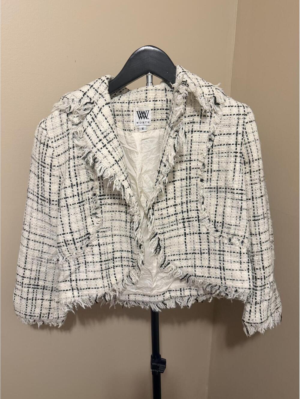 Worth Tweed Fringe Jacket Size 6 White Black Plaid Career Blazer